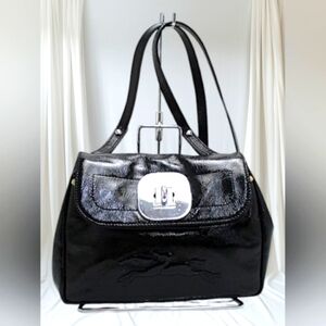 Longchamp Black Leather Logo Shoulder Bag Y2K